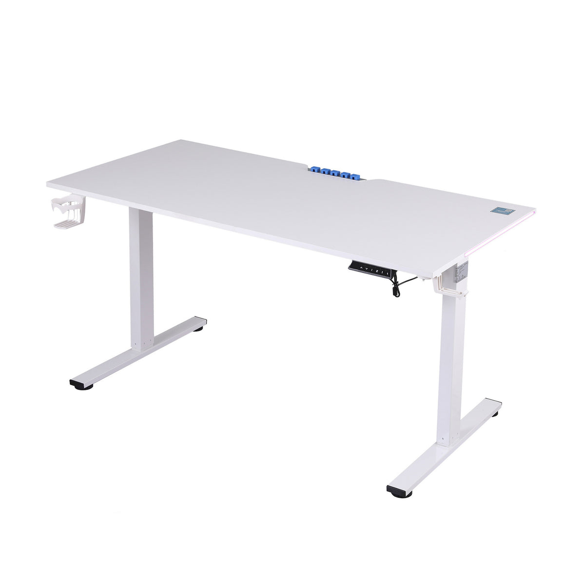 Artiss 140cm electric standing desk in white with motorised T-legs, cup holder and digital keypad, angled view