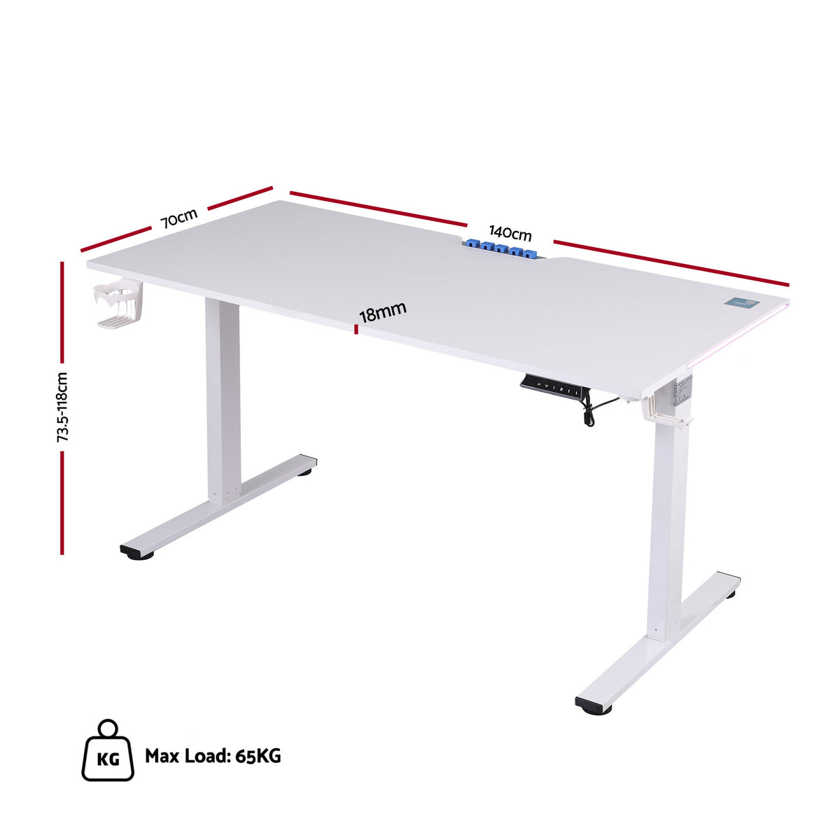 Artiss white standing desk dimensions diagram showing 140x70cm top, 73.5-118cm height, 65kg max load
