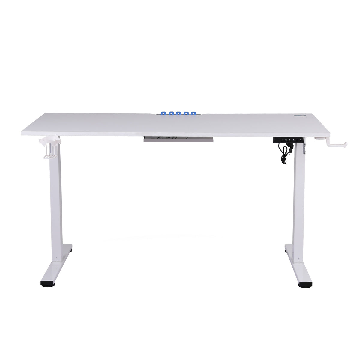 Artiss 140cm white electric standing desk front-on view with white T-frame legs and cup holder