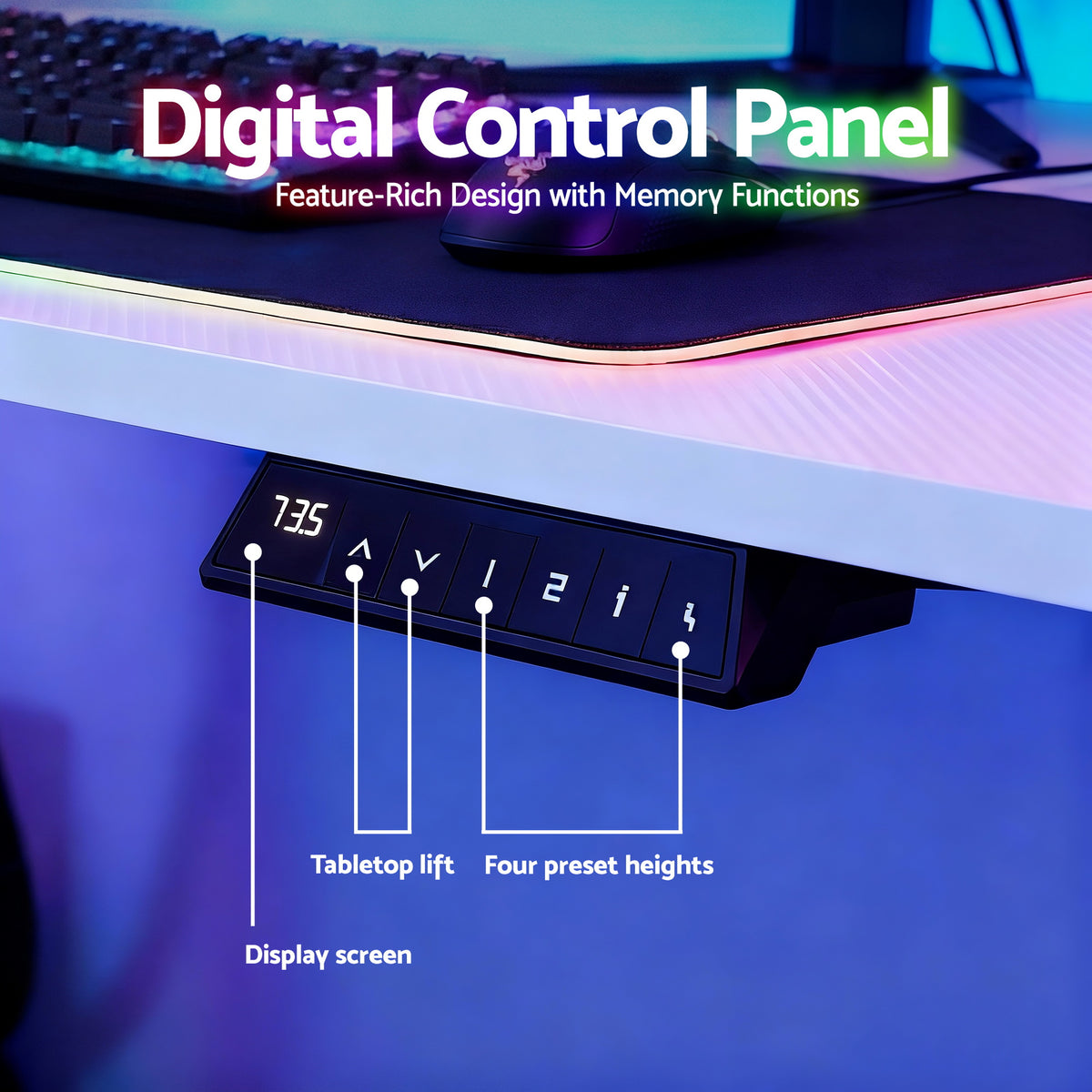 Detail of Artiss standing desk digital control panel showing display screen, tabletop lift and four preset heights
