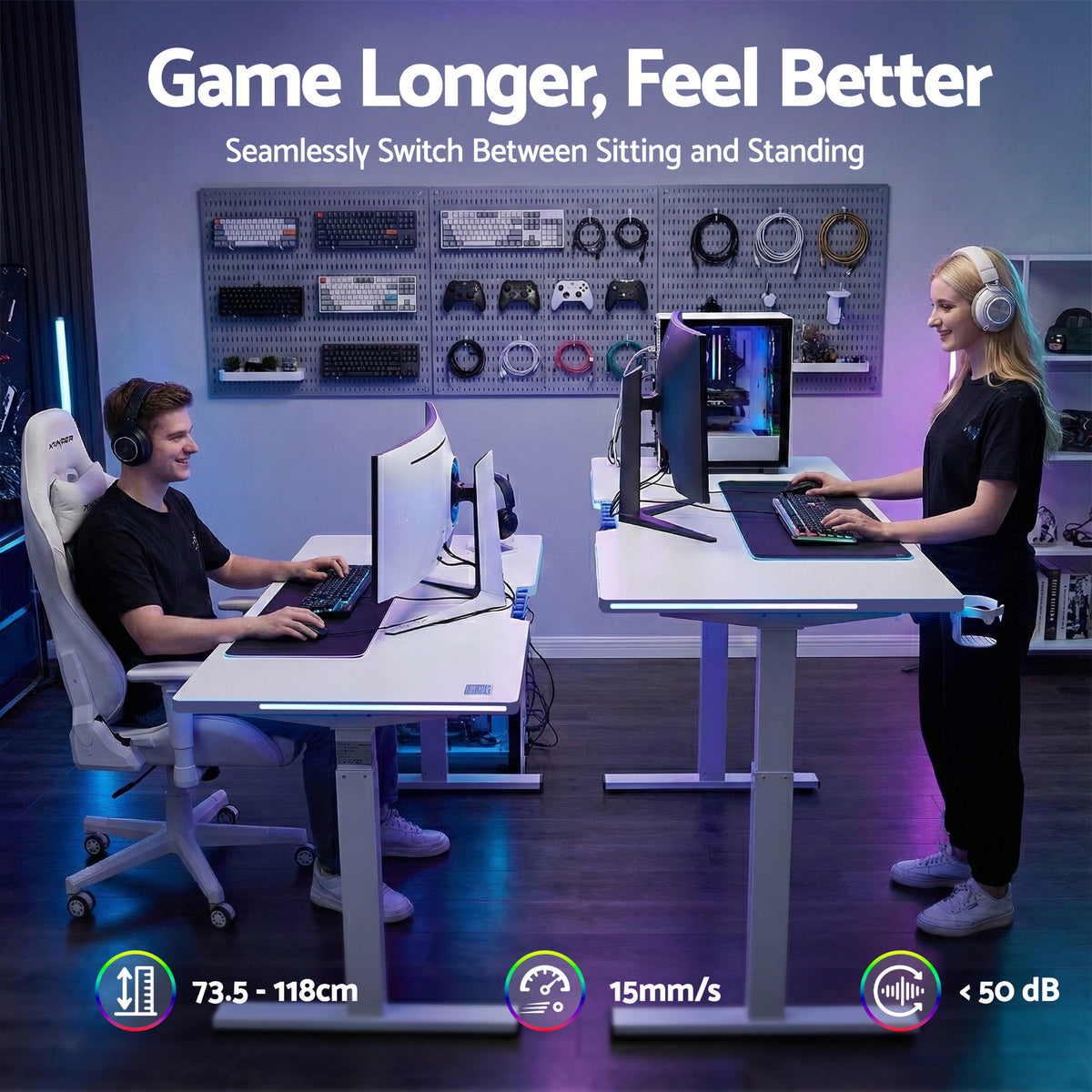 Artiss white standing desk lifestyle showing sit and stand positions, 73.5-118cm range, 15mm/s speed, under 50dB