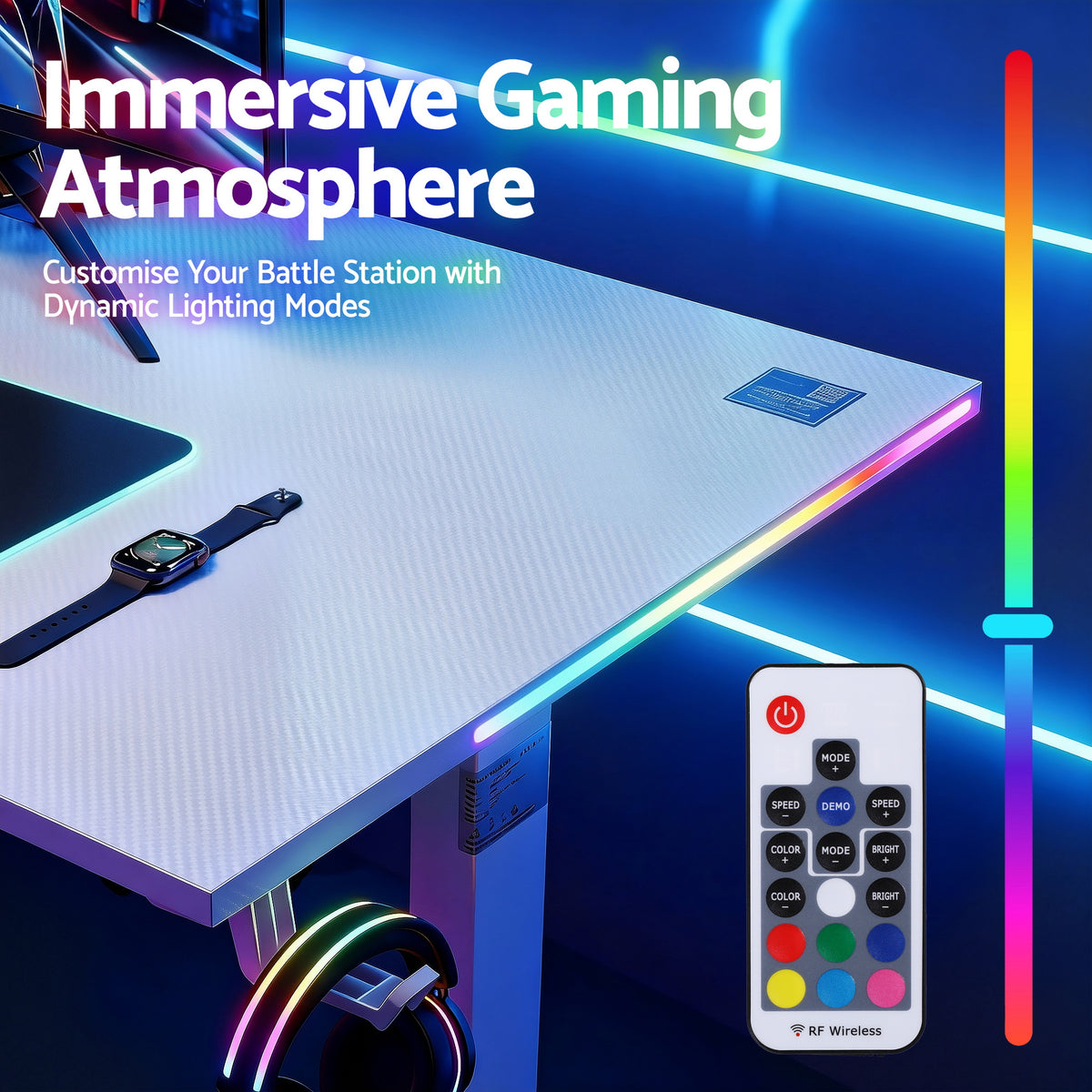 Artiss white standing desk with RGB edge lighting in seven colours and wireless RF remote control