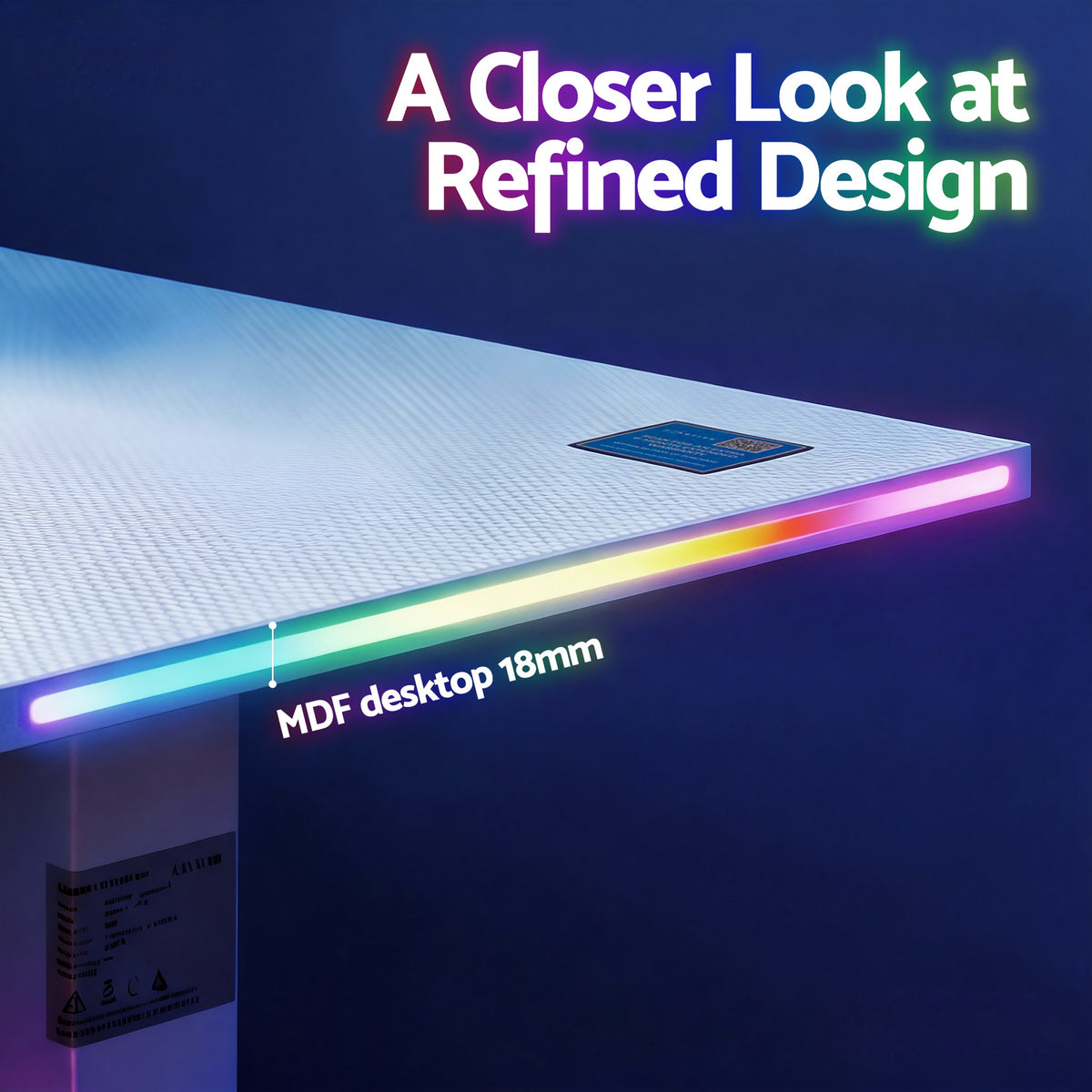 Detail of Artiss white standing desk corner showing 18mm MDF desktop edge and RGB light strip