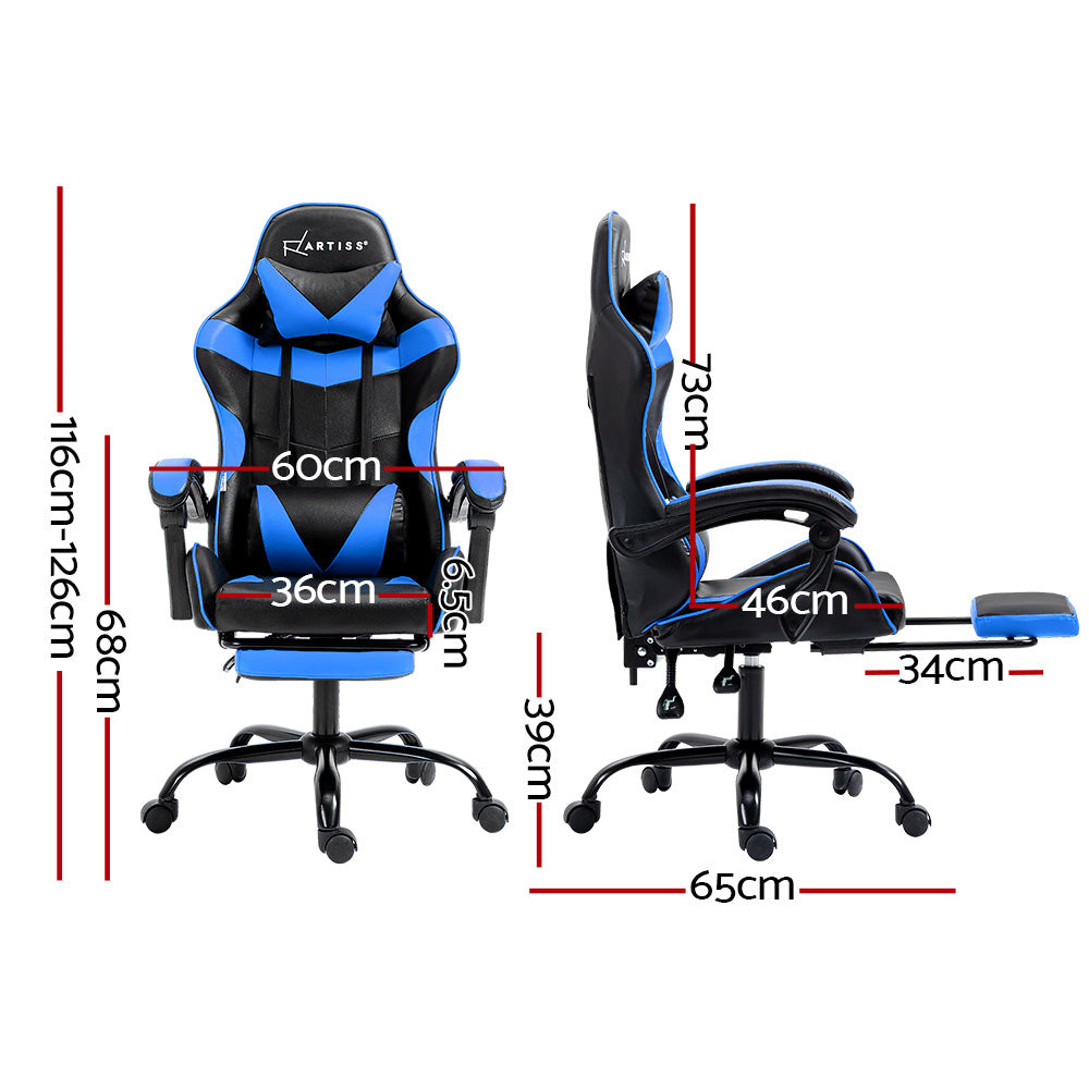 Artiss blue gaming chair dimensions diagram showing 116-126cm height, 65cm base width, 60cm seat width