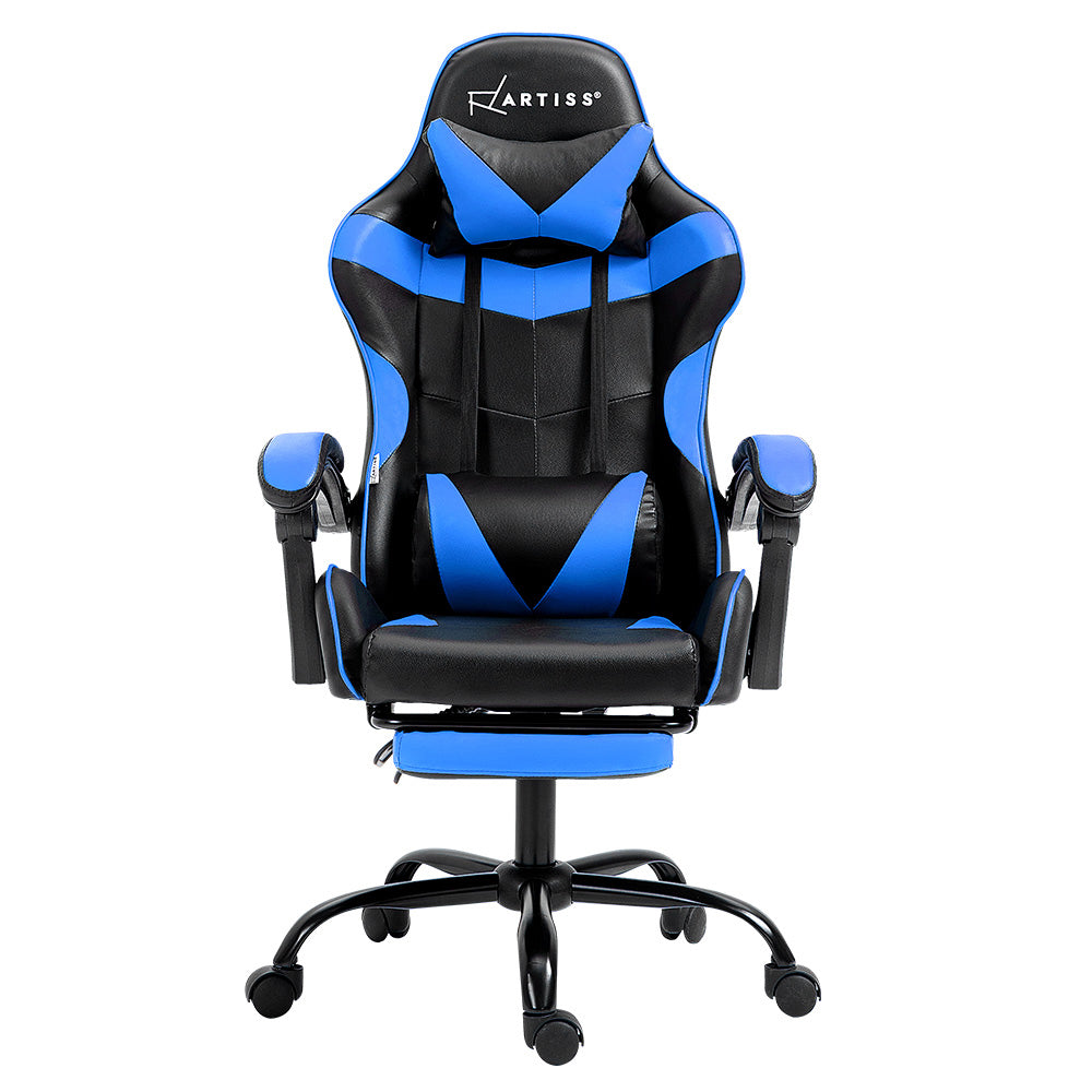 Front-on view of Artiss black and blue gaming chair with headrest, lumbar pillow and padded armrests