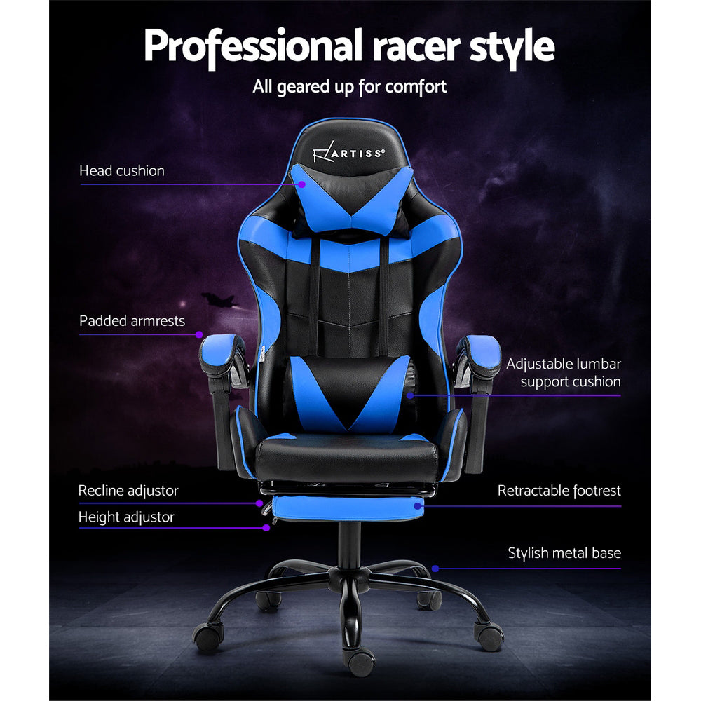 Artiss blue gaming chair feature callout labelling head cushion, lumbar support, armrests and footrest