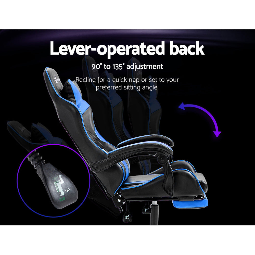 Artiss blue gaming chair recline diagram showing 90 to 135 degree backrest adjustment with lever close-up