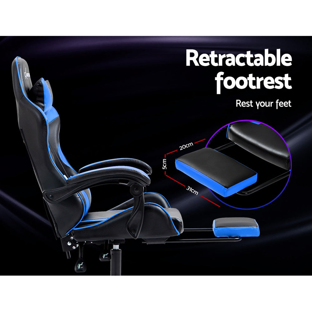 Artiss blue gaming chair retractable footrest callout with 31cm by 20cm by 5cm dimensions inset