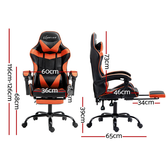 Artiss black and orange gaming chair dimensions diagram showing 116-126cm height and 65cm base
