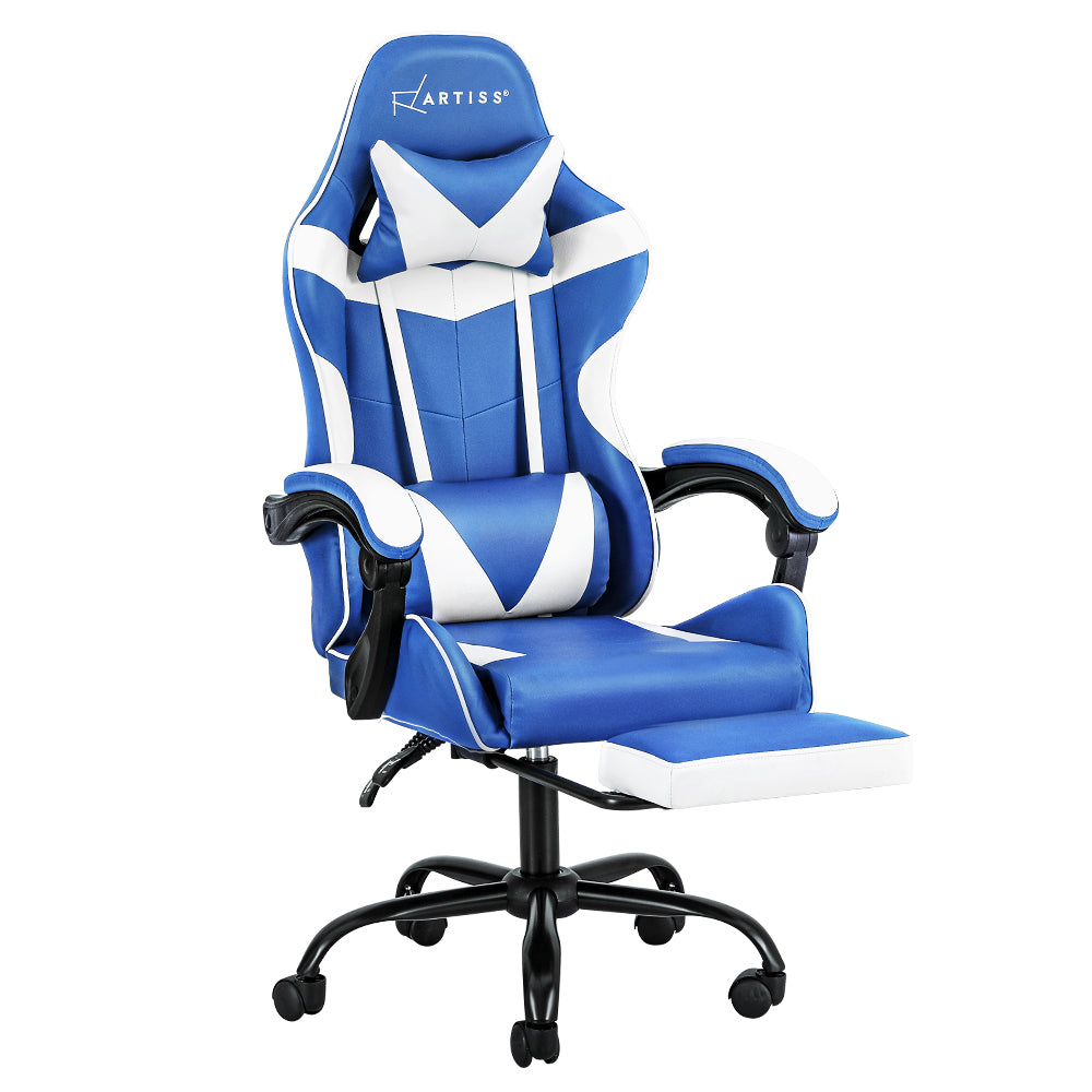 Three-quarter angled hero of Artiss blue and white gaming chair with footrest extended on white background