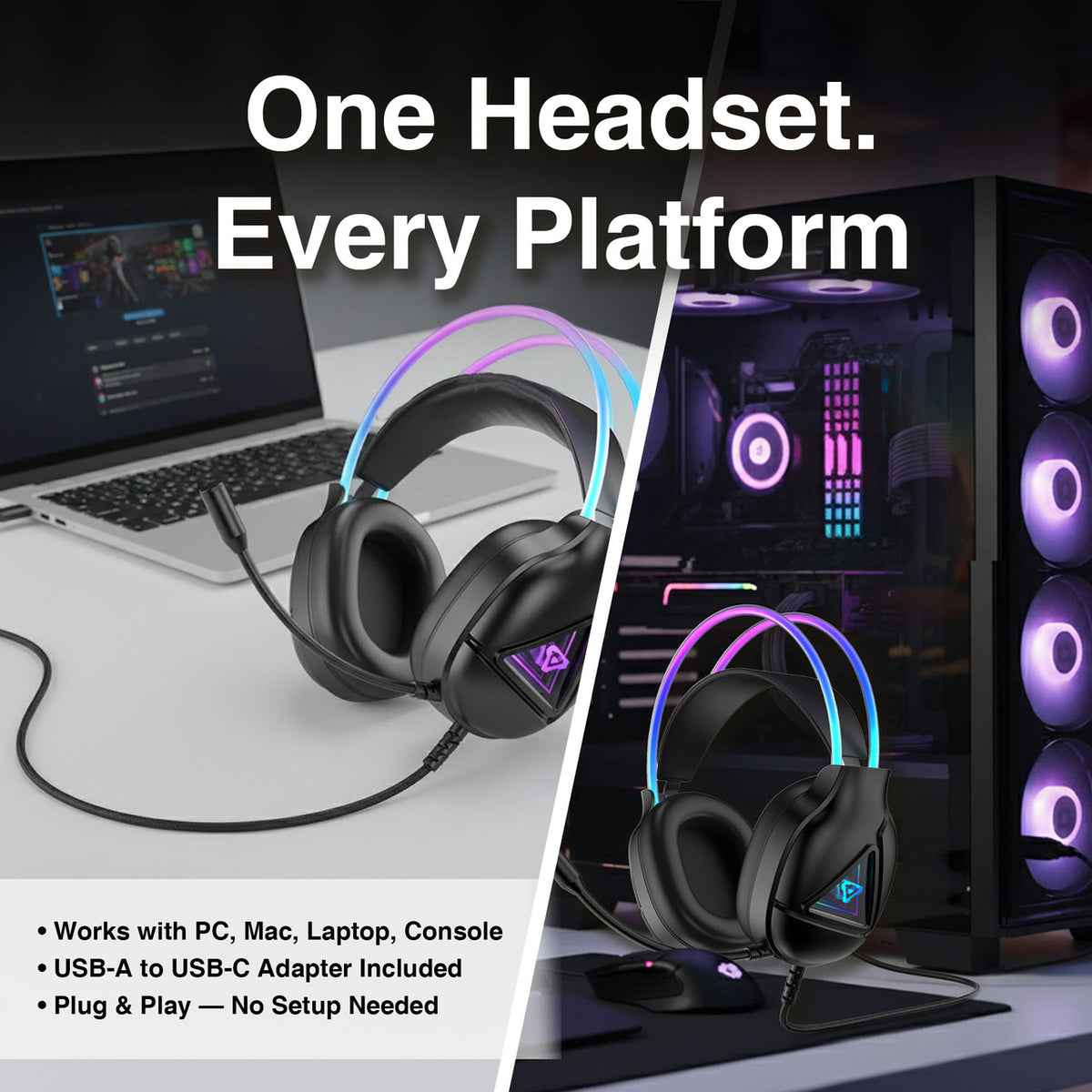 Laser RGB Infinity gaming headphones cross-platform graphic with PC, Mac, laptop and console callouts