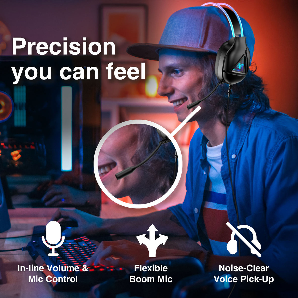 Laser RGB Infinity gaming headphones in use by gamer with mic, volume control and boom mic callouts
