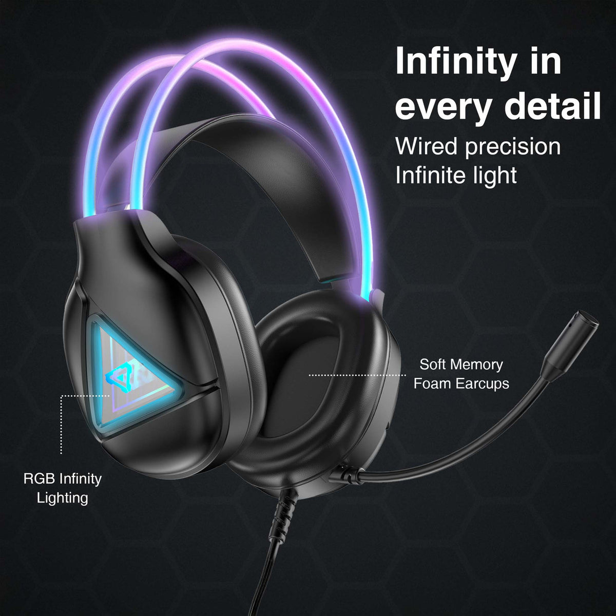 Laser RGB Infinity gaming headphones detail showing RGB lit headband and soft memory foam earcups