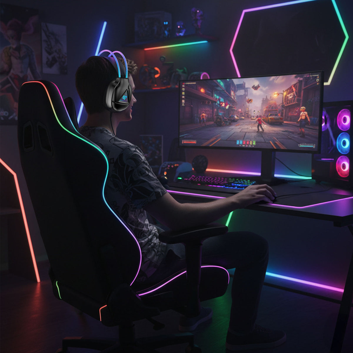 Laser RGB Infinity gaming headphones worn by a gamer in a colourful RGB-lit desk setup