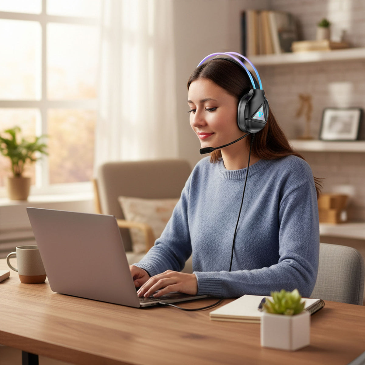 Laser RGB Infinity gaming headphones worn by woman typing on a laptop in a bright home office