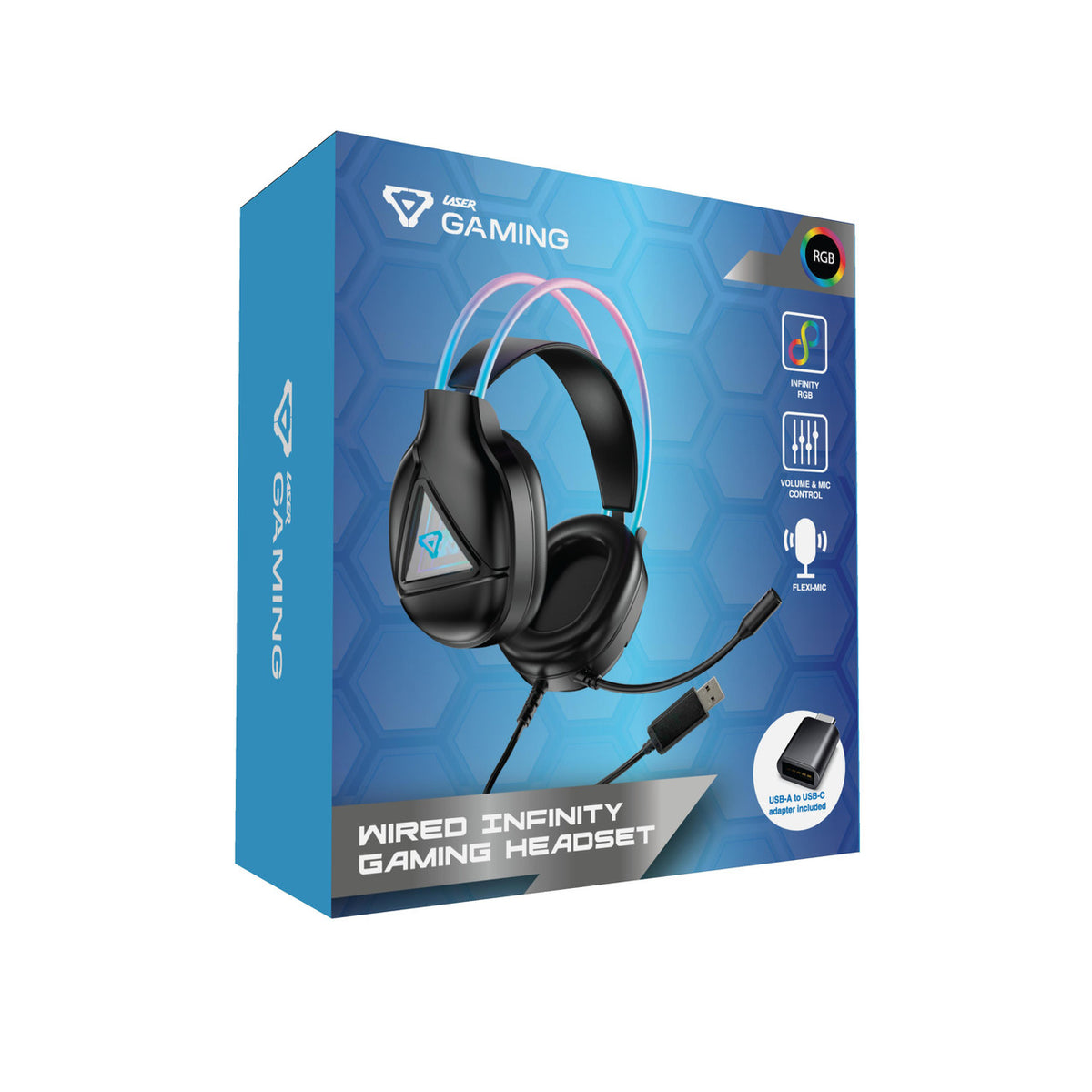 Laser RGB Infinity Wired Gaming Headset retail box front with USB-A to USB-C adapter callout