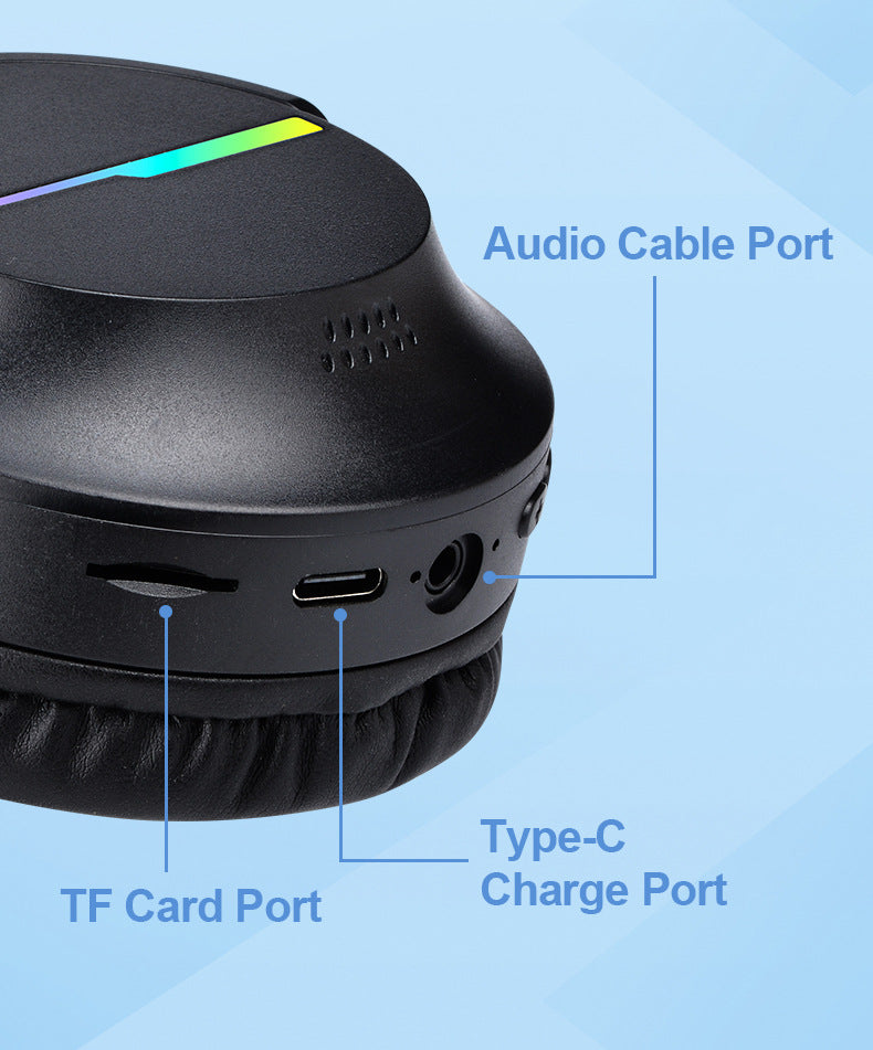 Blue Wireless Gaming Headphones with Lights - Foldable Design, 40mm Drivers, Comfortable