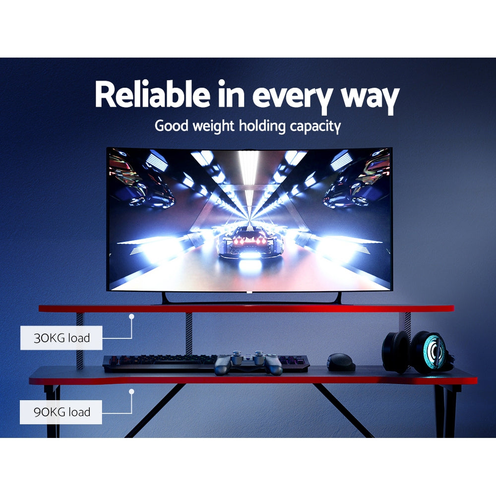Artiss 100cm gaming desk feature callout showing 30kg shelf load and 90kg desktop weight capacity