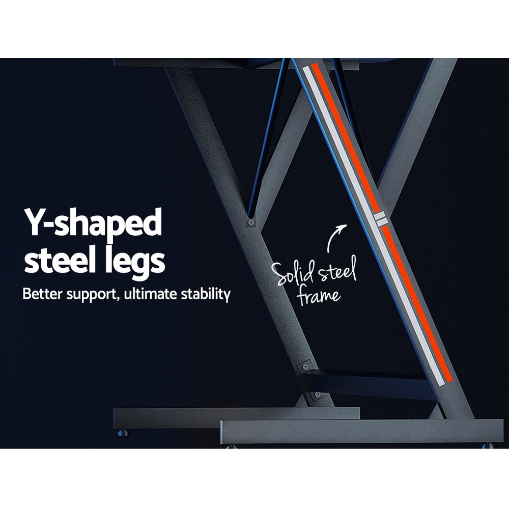 Detail of Artiss 100cm gaming desk Y-shaped steel leg frame with red accent strip down the support