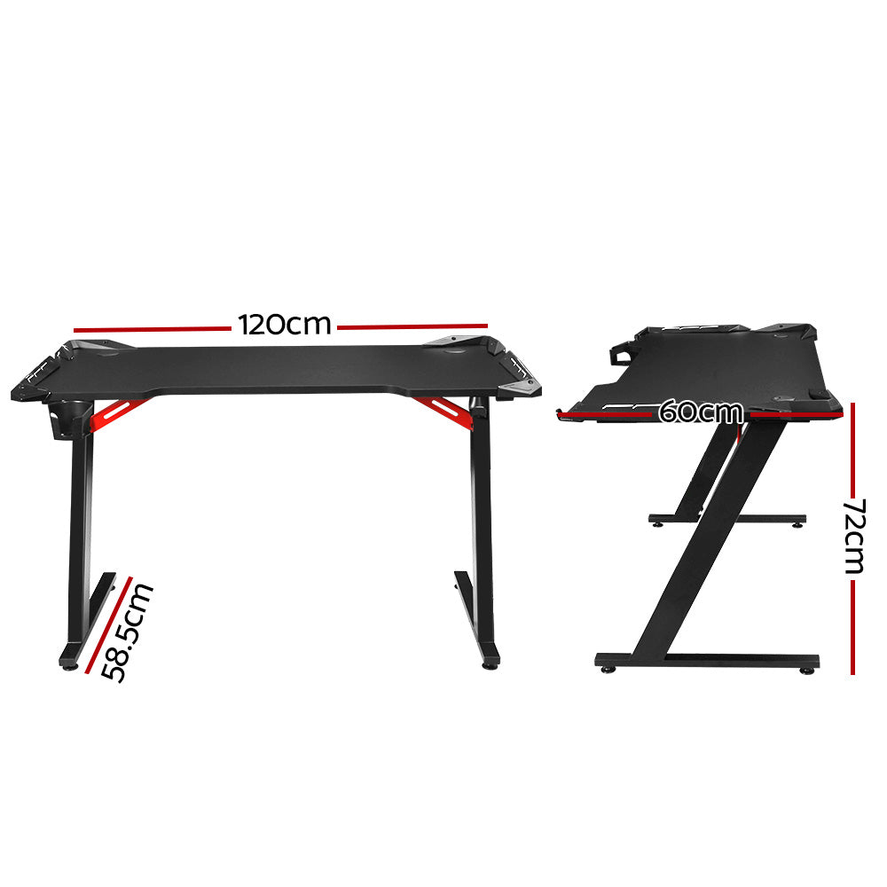Artiss 120cm RGB gaming desk dimensions diagram showing 120x60cm desktop, 72cm height, 58.5cm leg base