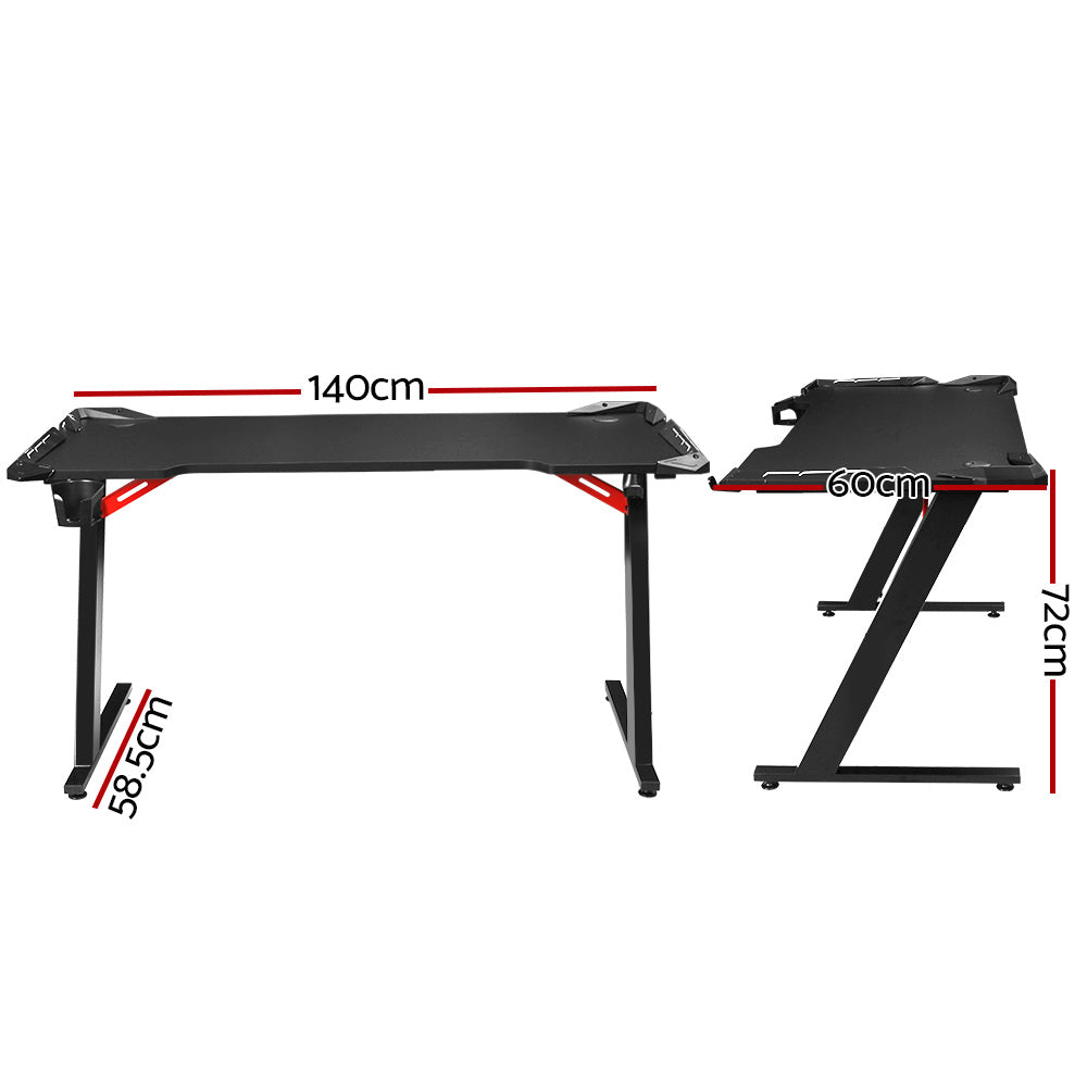 Artiss 140cm RGB gaming desk dimensions diagram showing 140x60cm desktop, 72cm height and 58.5cm leg base