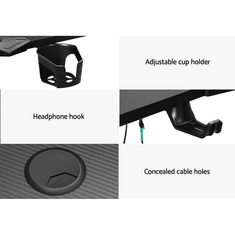 Artiss 140cm RGB desk accessory details showing cup holder, headphone hook and concealed cable hole