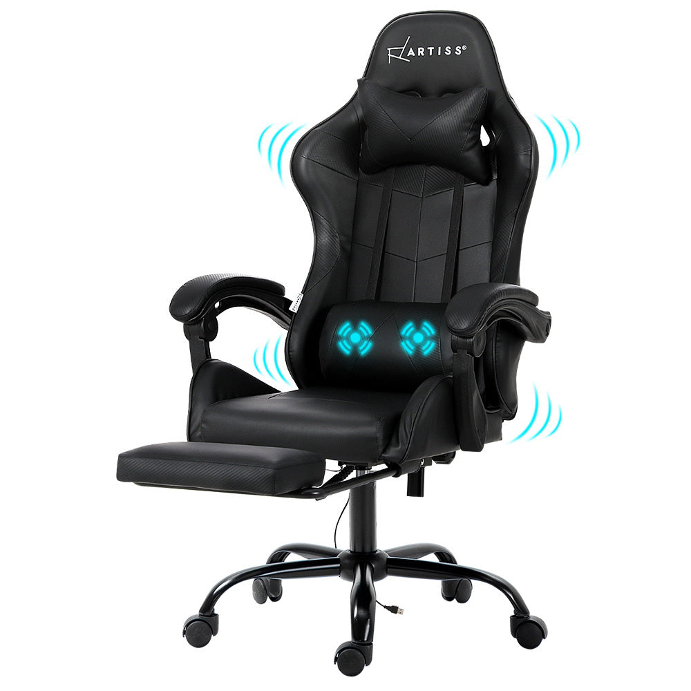 Three-quarter angled hero of Artiss black 2-point massage gaming chair with footrest on white