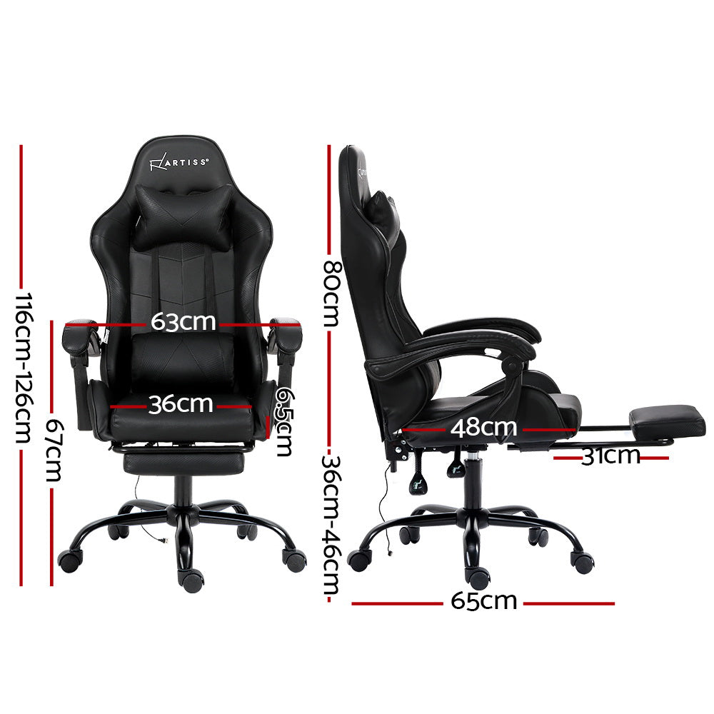 Artiss black 2-point massage chair dimensions diagram showing 116-126cm height and 65cm base width