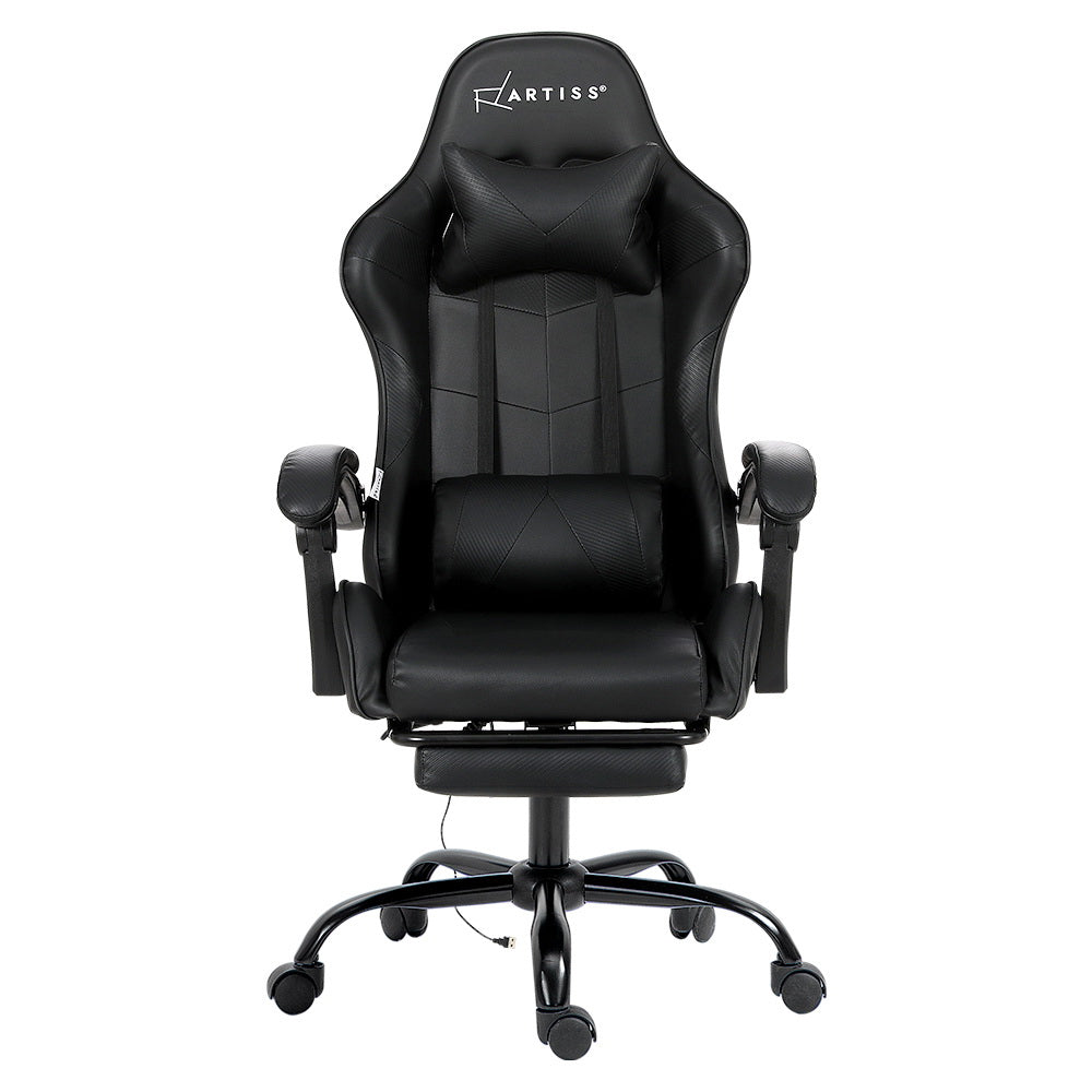 Front-on view of Artiss all-black gaming chair with headrest, lumbar pillow and retracted footrest