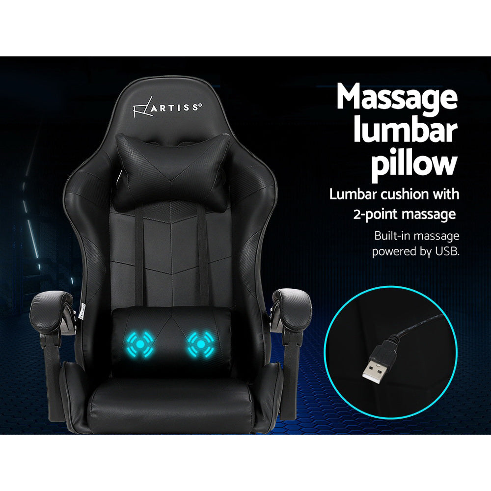 Artiss black massage gaming chair lumbar pillow close-up showing 2-point massage and USB power callouts