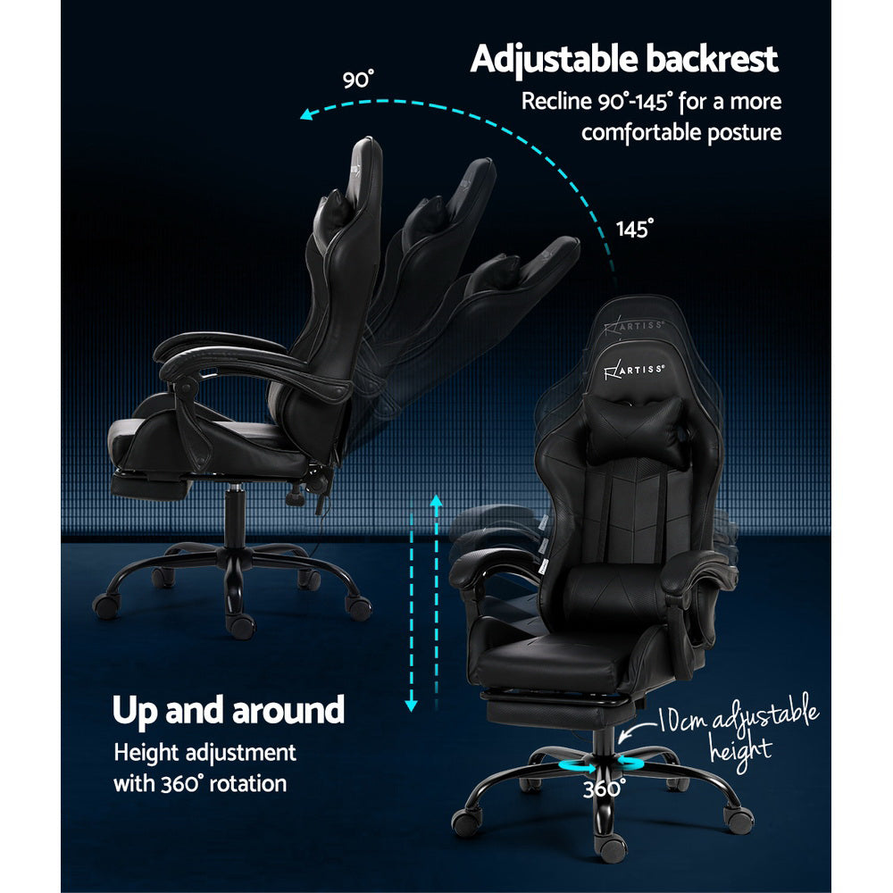 Artiss black massage chair recline diagram showing 90 to 145 degrees and 10cm height adjustment