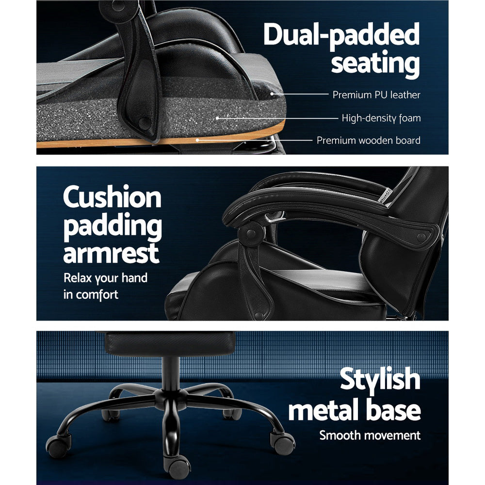 Artiss black gaming chair callouts for dual-padded seat, cushioned armrest and metal swivel base