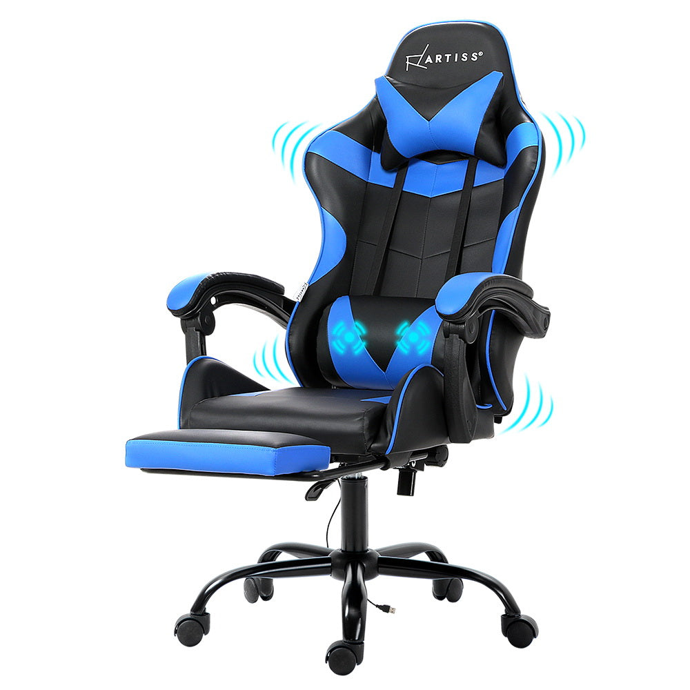 Three-quarter angled hero of Artiss black and blue 2-point massage gaming chair with footrest on white