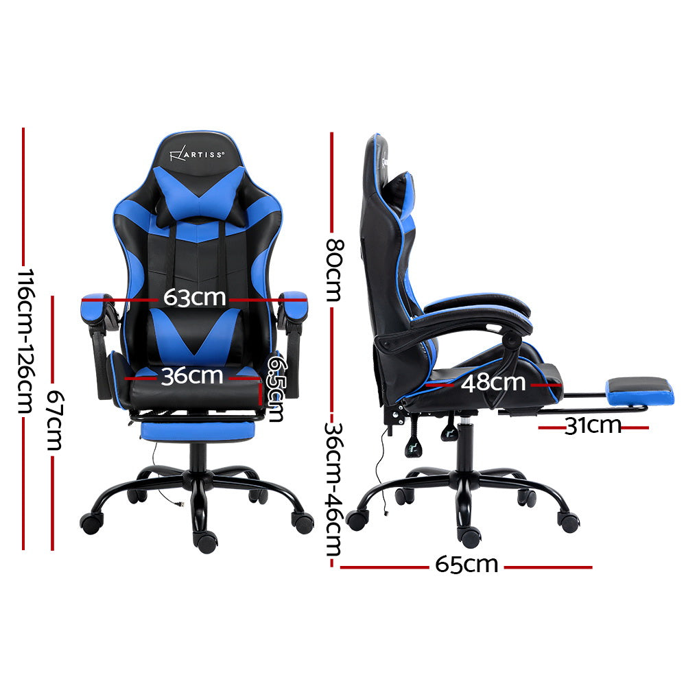 Artiss black and blue massage chair dimensions diagram showing 116-126cm height and 65cm base