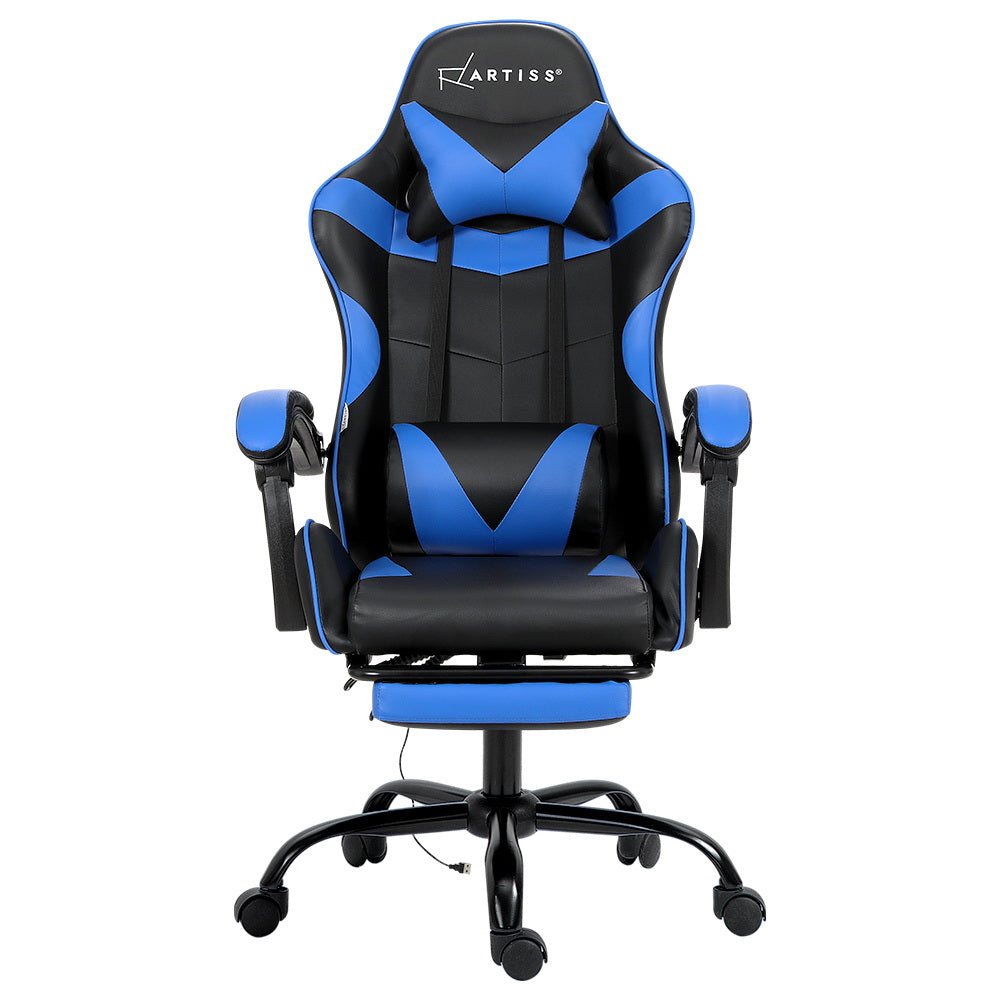 Front-on view of Artiss black and blue gaming chair with headrest, lumbar pillow and retracted footrest