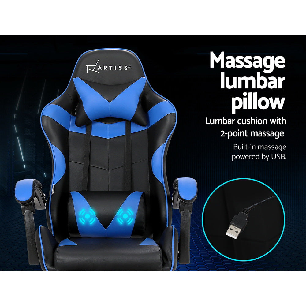 Artiss blue chair lumbar pillow close-up showing 2-point massage points and USB power cable callouts