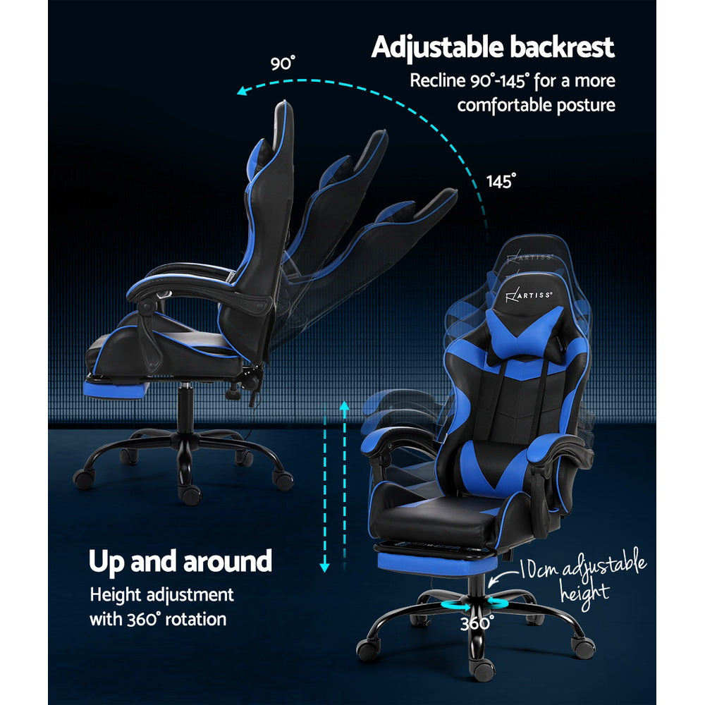Artiss black and blue massage chair recline diagram showing 90 to 145 degrees and height adjustment
