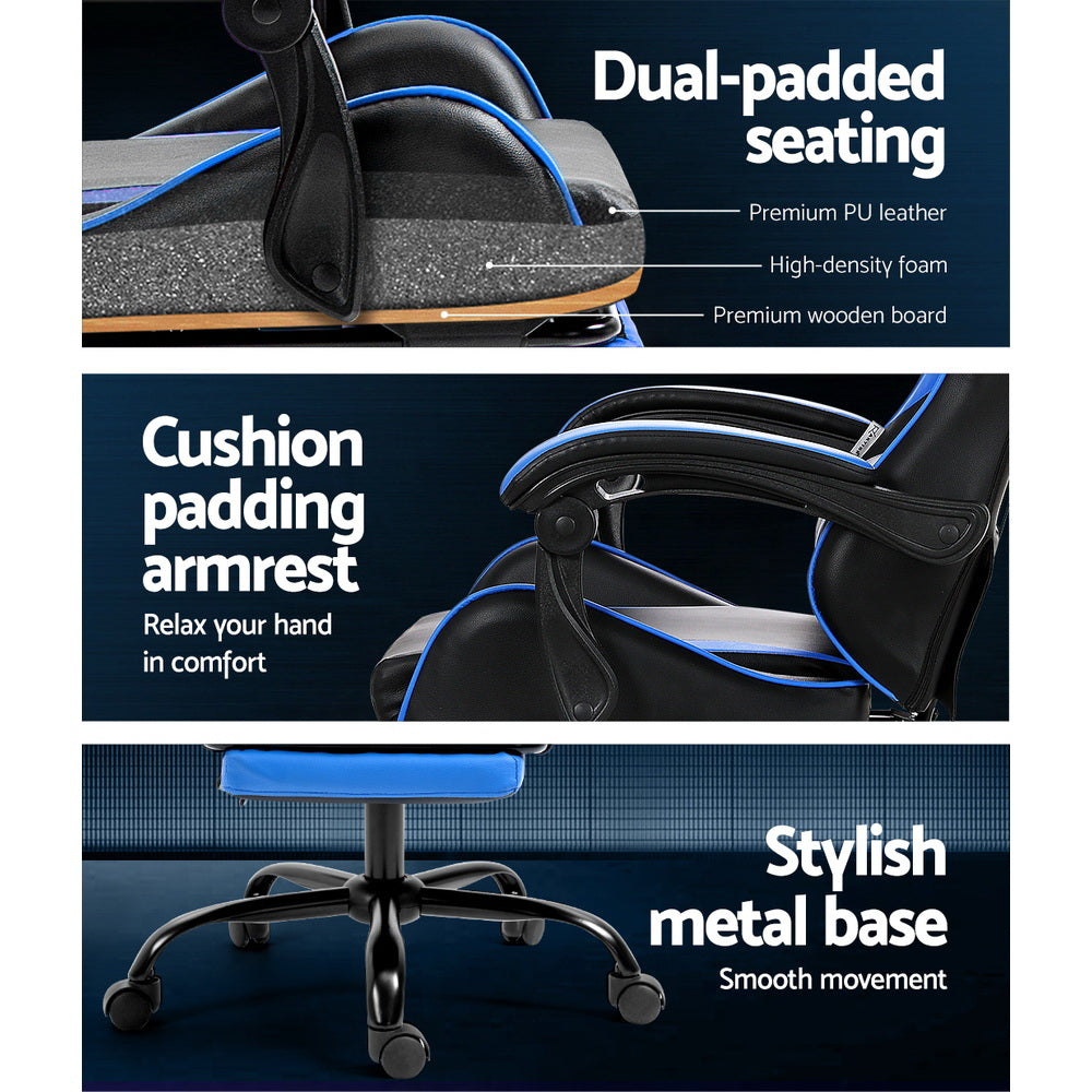 Artiss blue gaming chair callouts for dual-padded seat, cushioned armrest and metal swivel base