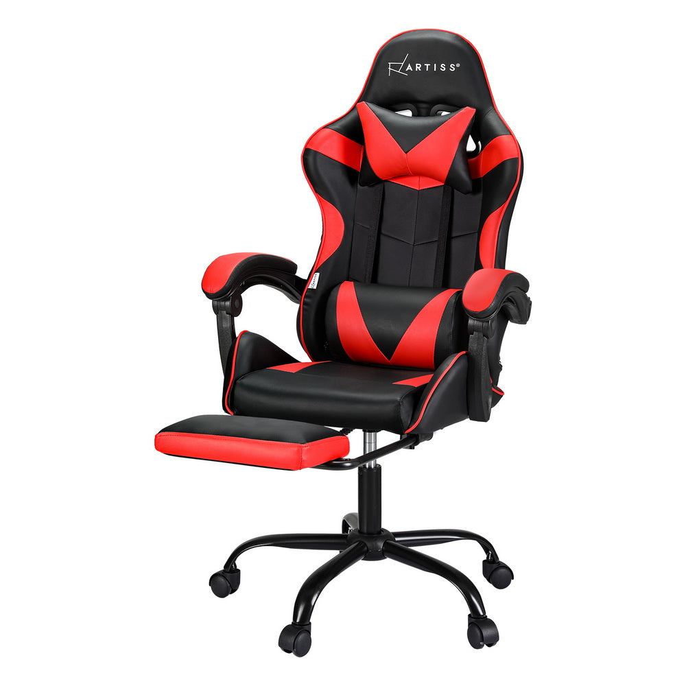 Three-quarter angled hero of Artiss black and red 2-point massage gaming chair with footrest on white