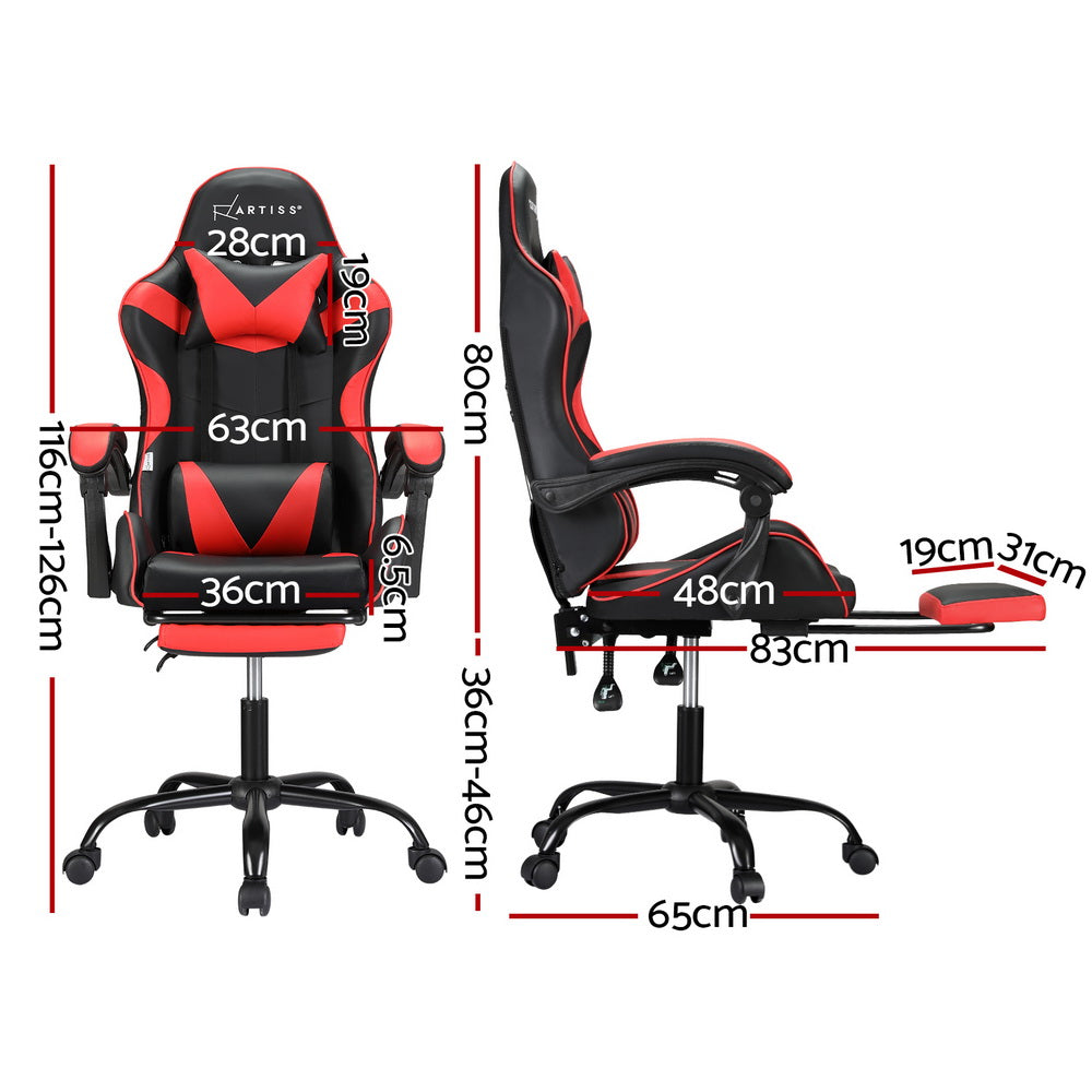 Artiss black and red massage chair dimensions diagram showing 116-126cm height and 65cm base width