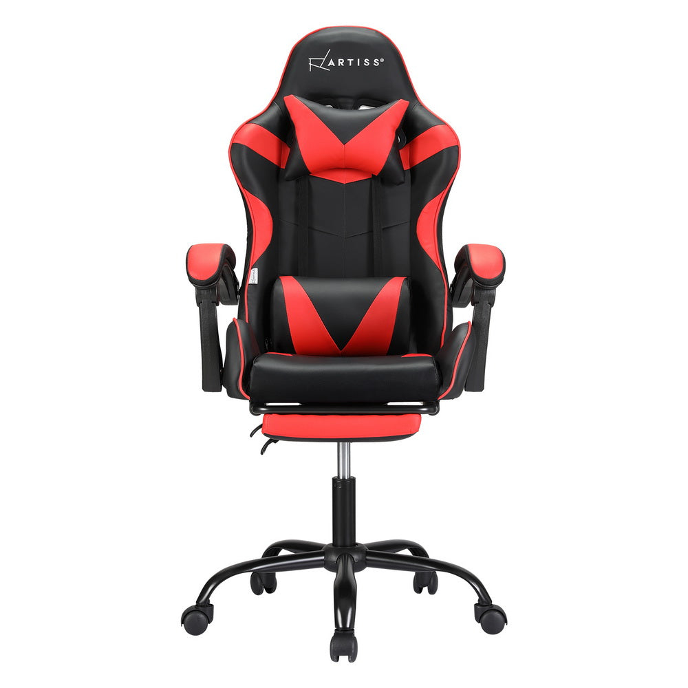 Front-on view of Artiss black and red gaming chair with headrest, lumbar pillow and retracted footrest