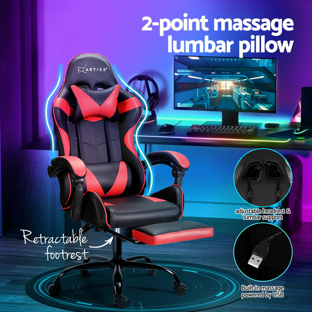 Artiss red chair in a gaming room with 2-point massage lumbar pillow and USB power cable callouts