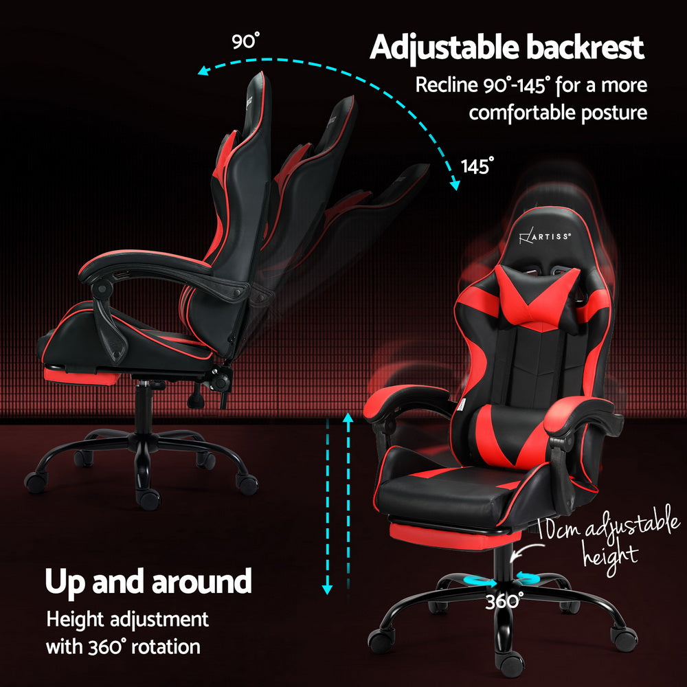 Artiss black and red massage chair recline diagram showing 90 to 145 degrees and 10cm height range