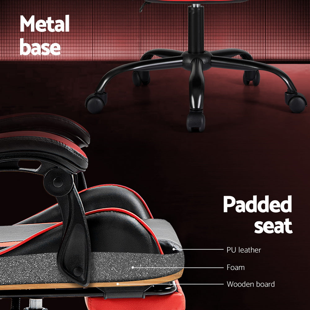 Artiss red gaming chair callouts for metal base and padded PU leather and foam seat construction