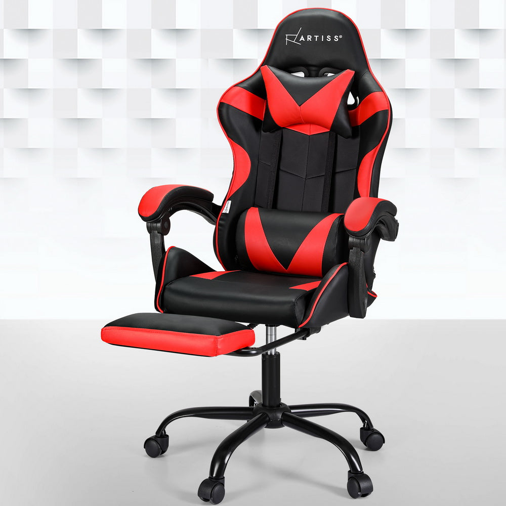 Artiss black and red 2-point massage gaming chair with extended footrest on a white tile background