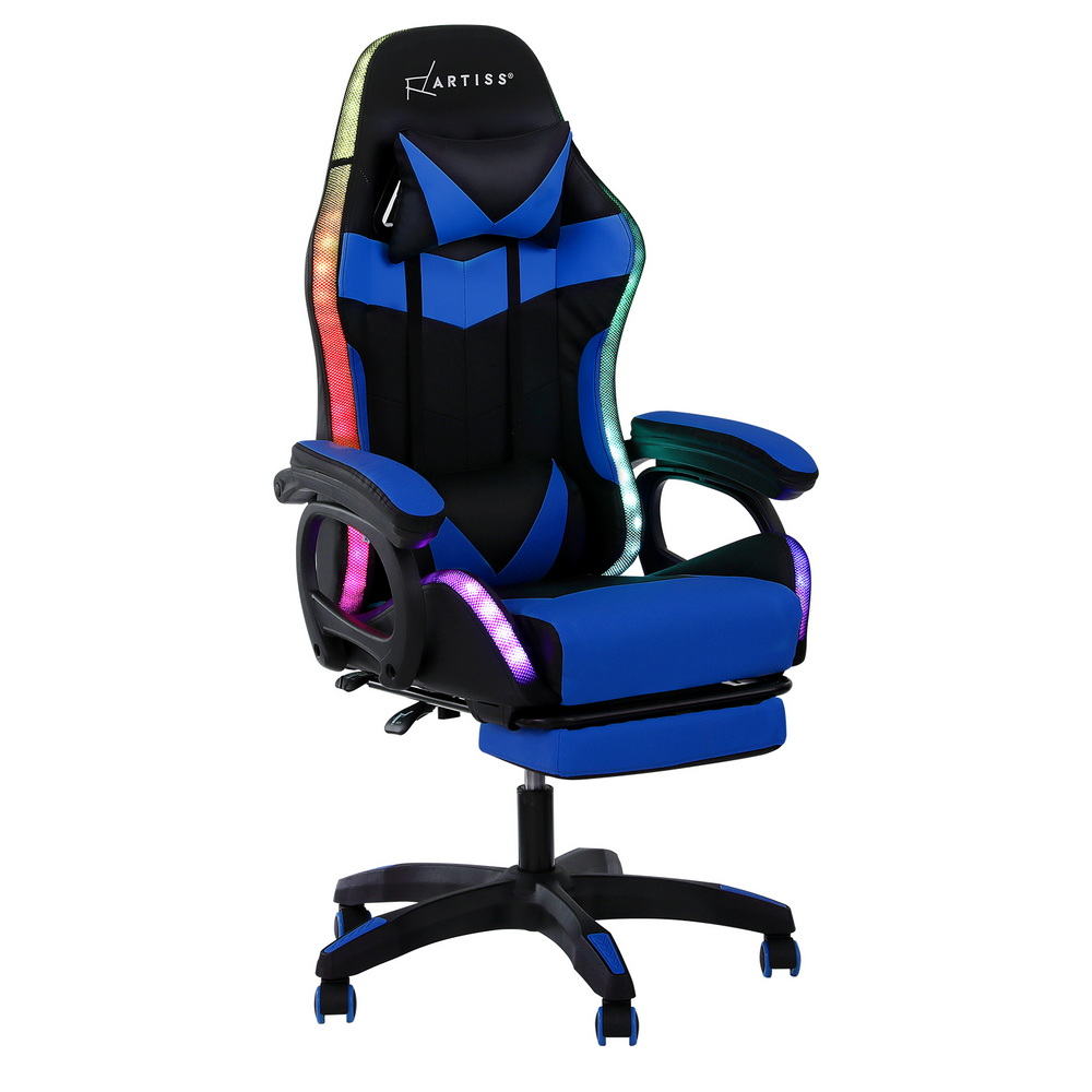 Artiss blue RGB LED massage gaming chair with light strips lit in green, red and purple on white
