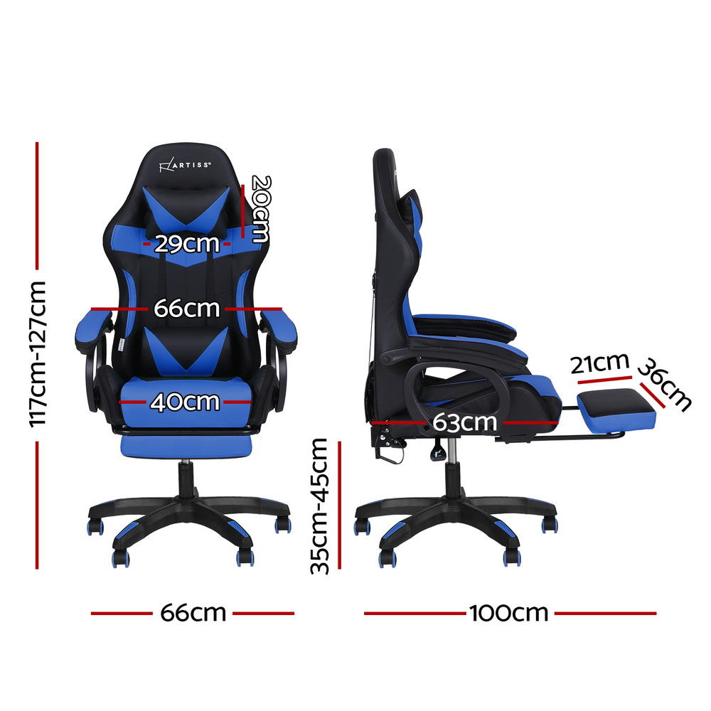 Artiss blue LED massage chair dimensions diagram showing 117-127cm height and 66cm base width