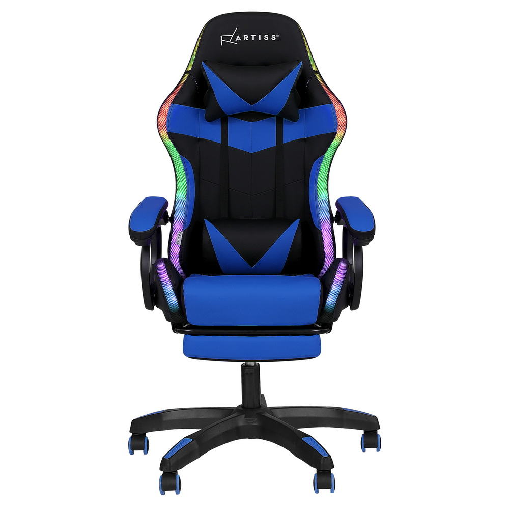 Front-on view of Artiss blue and black RGB LED gaming chair with multi-colour light strips lit up