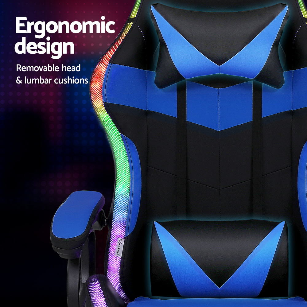 Close-up of Artiss blue LED chair backrest with removable head and lumbar cushion ergonomic callouts