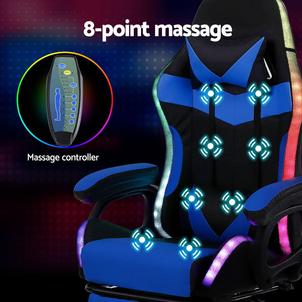 Artiss blue LED chair diagram showing 8-point massage zones and round wired massage controller inset